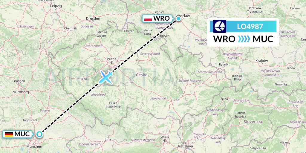LO4987 LOT Flight Map: Wroclaw to Munich