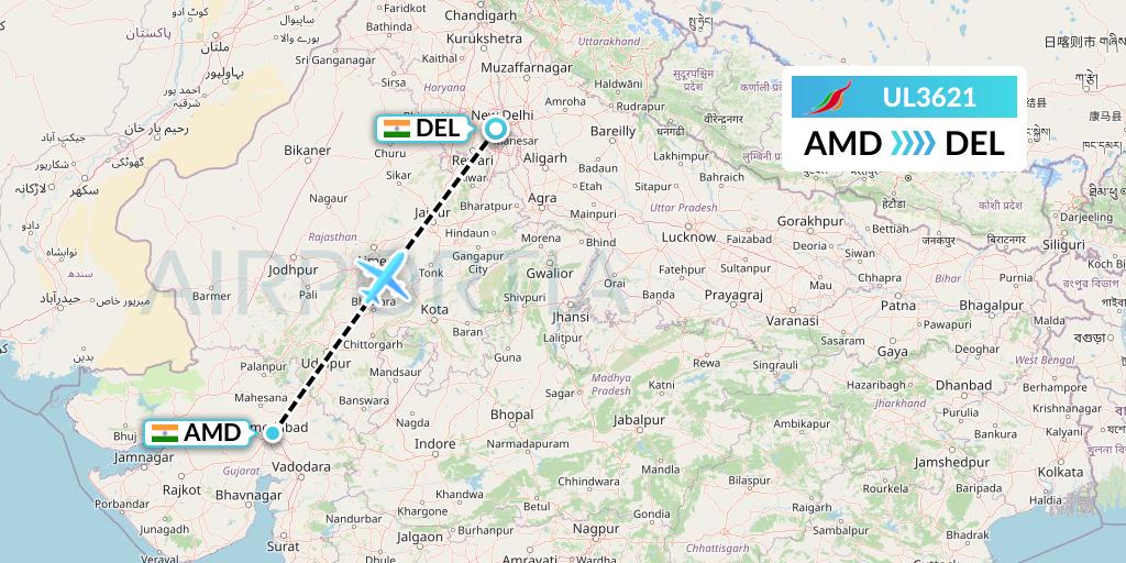 UL3621 SriLankan Airlines Flight Map: Ahmedabad to Delhi