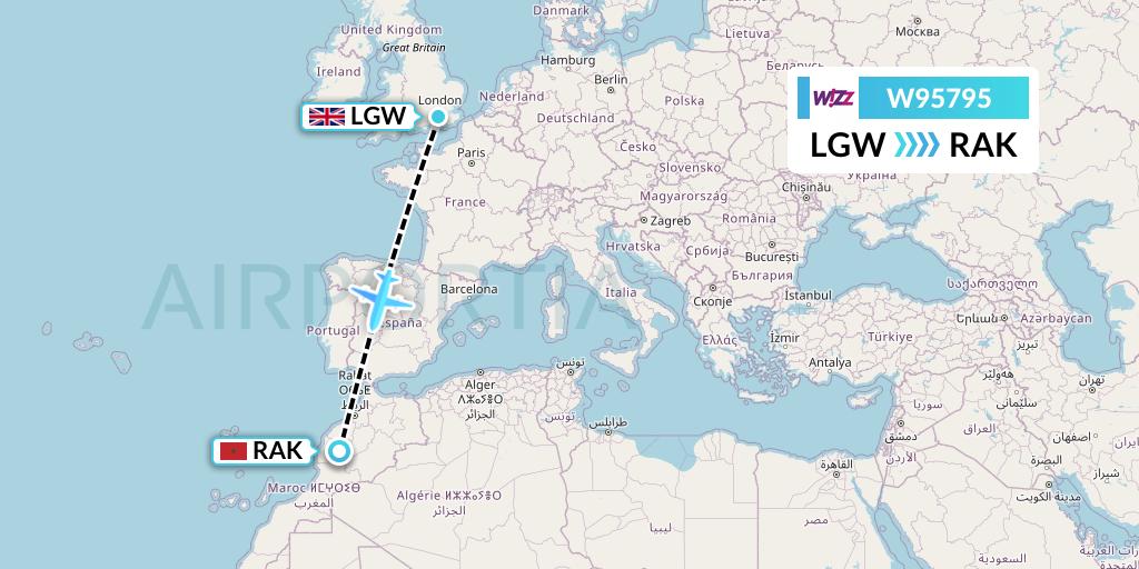 W95795 Wizz Air UK Flight Map: London to Marrakesh