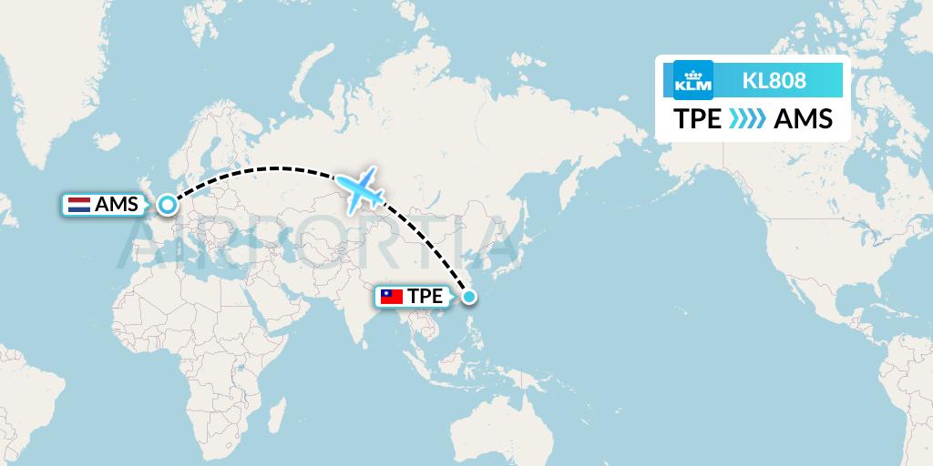 KL808 KLM Flight Map: Taipei to Amsterdam