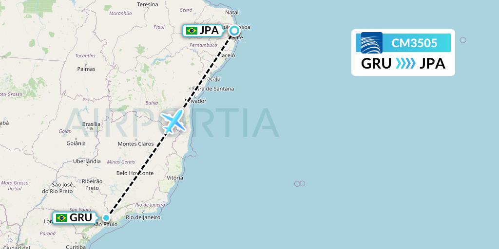 CM3505 Copa Airlines Flight Map: Sao Paulo to Joao Pessoa