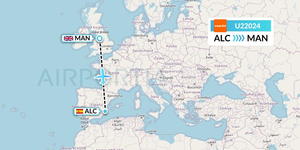 U22024 EasyJet Flight Map: Alicante to Manchester