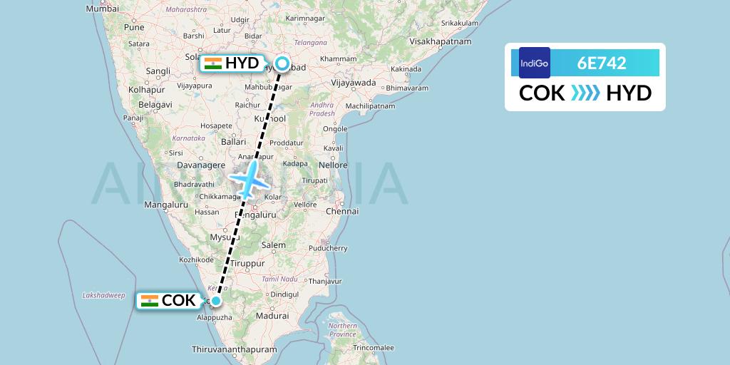 6E742 IndiGo Airlines Flight Map: Cochin to Hyderabad