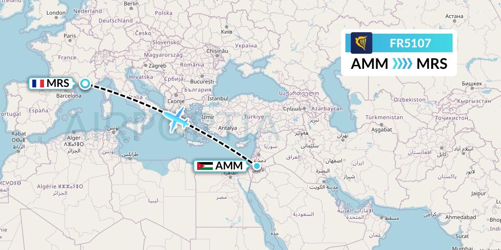 FR5107 Ryanair Flight Map: Amman to Marseille