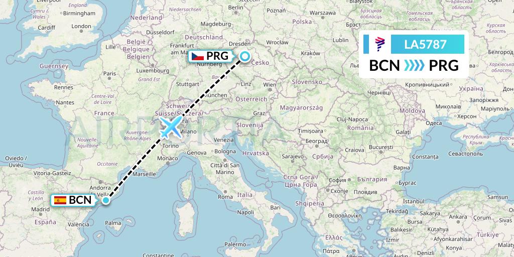 LA5787 LAN Airlines Flight Map: Barcelona to Prague