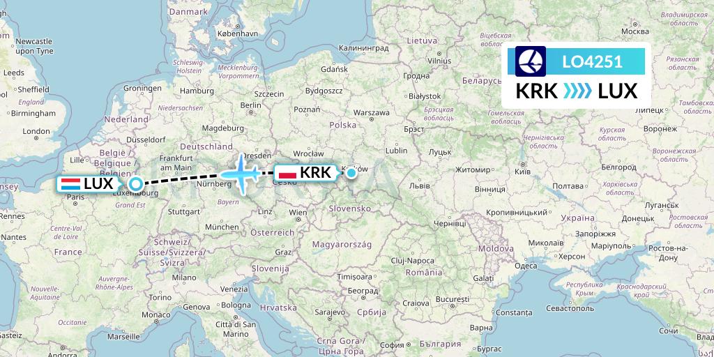 LO4251 LOT Flight Map: Krakow to Luxembourg
