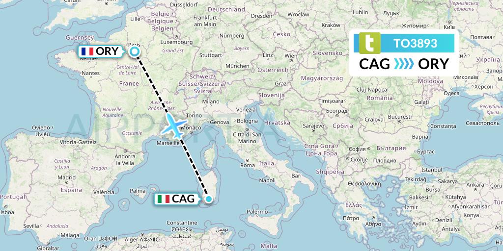 TO3893 Transavia France Flight Map: Cagliari to Paris