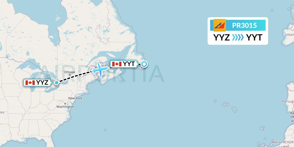 PR3015 Philippine Airlines Flight Map: Toronto to St. John's