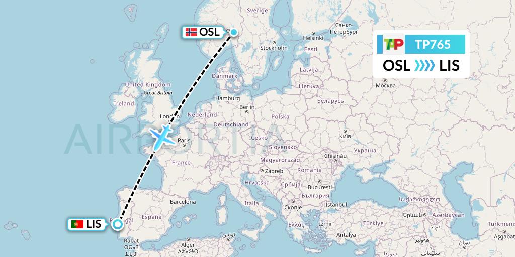 TP765 TAP Portugal Flight Map: Oslo to Lisbon