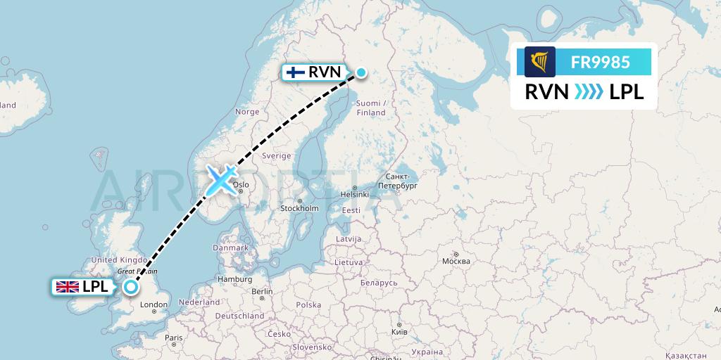 FR9985 Ryanair Flight Map: Rovaniemi to Liverpool