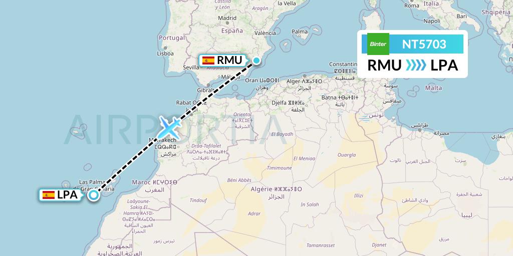 NT5703 Binter Canarias Flight Map: Murcia to Las Palmas