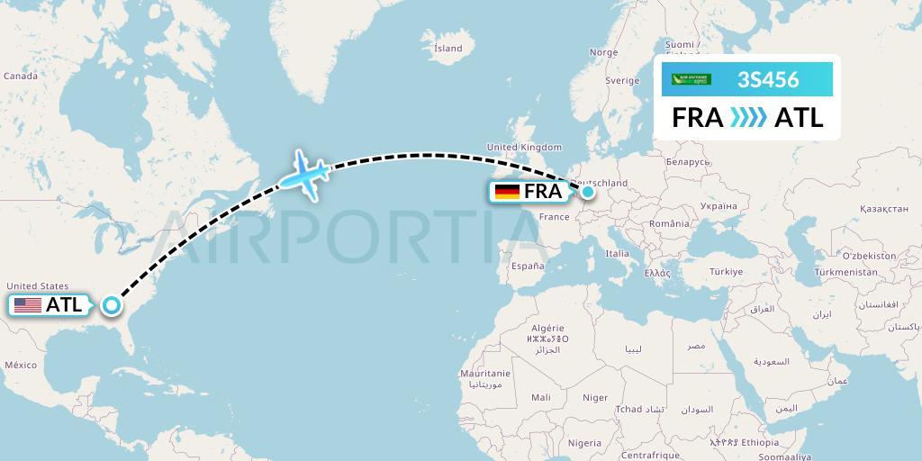 3S456 Air Antilles Express Flight Map: Frankfurt to Atlanta
