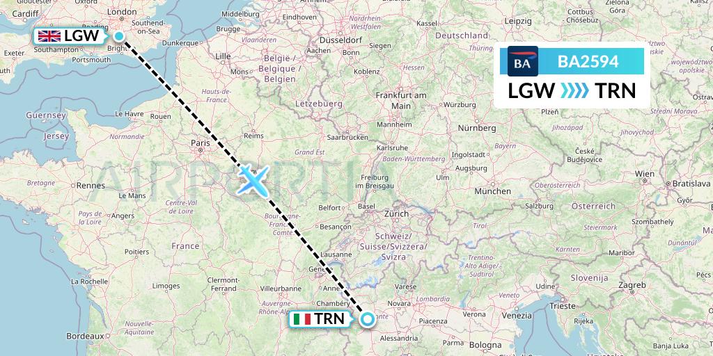 BA2594 British Airways Flight Map: London to Turin