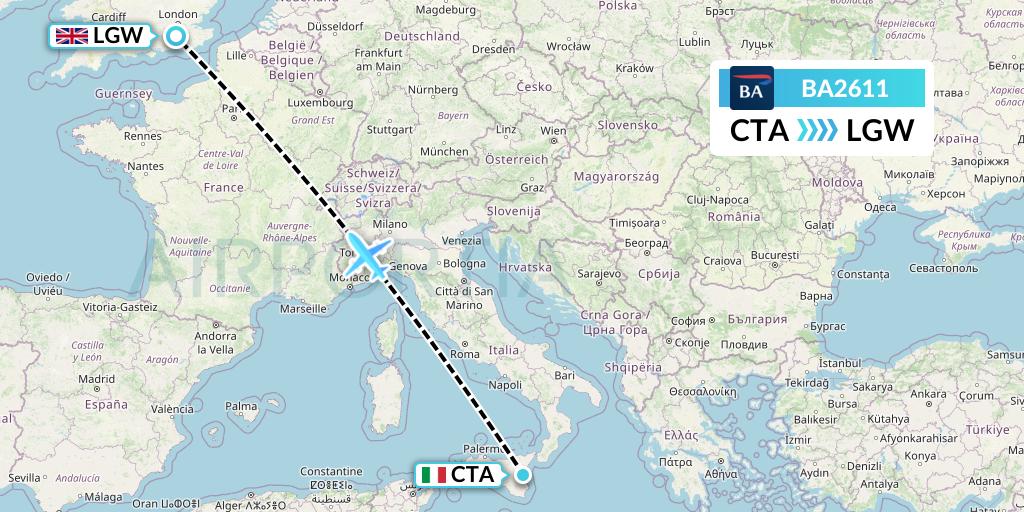 BA2611 British Airways Flight Map: Catania to London