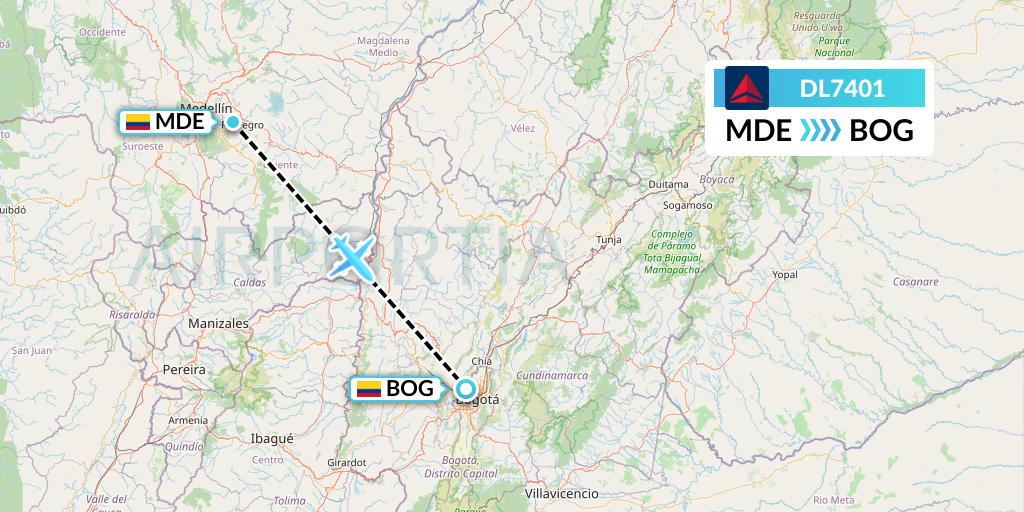 DL7401 Delta Air Lines Flight Map: Medellin to Bogota