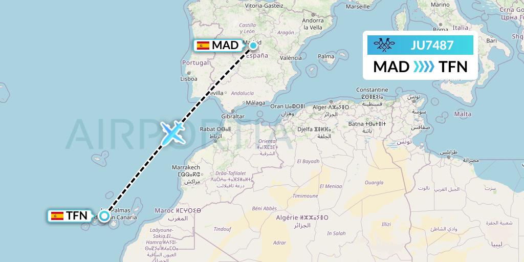JU7487 AirSERBIA Flight Map: Madrid to Tenerife