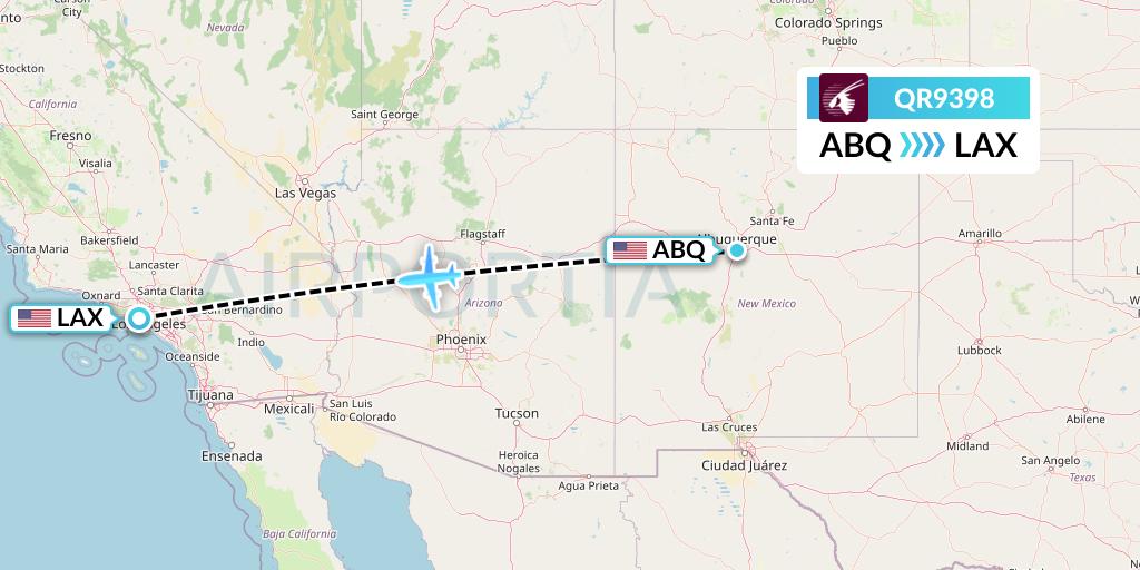 QR9398 Qatar Airways Flight Map: Albuquerque to Los Angeles