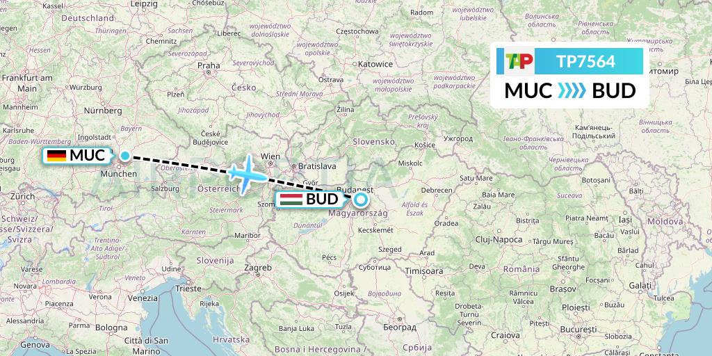 TP7564 TAP Portugal Flight Map: Munich to Budapest