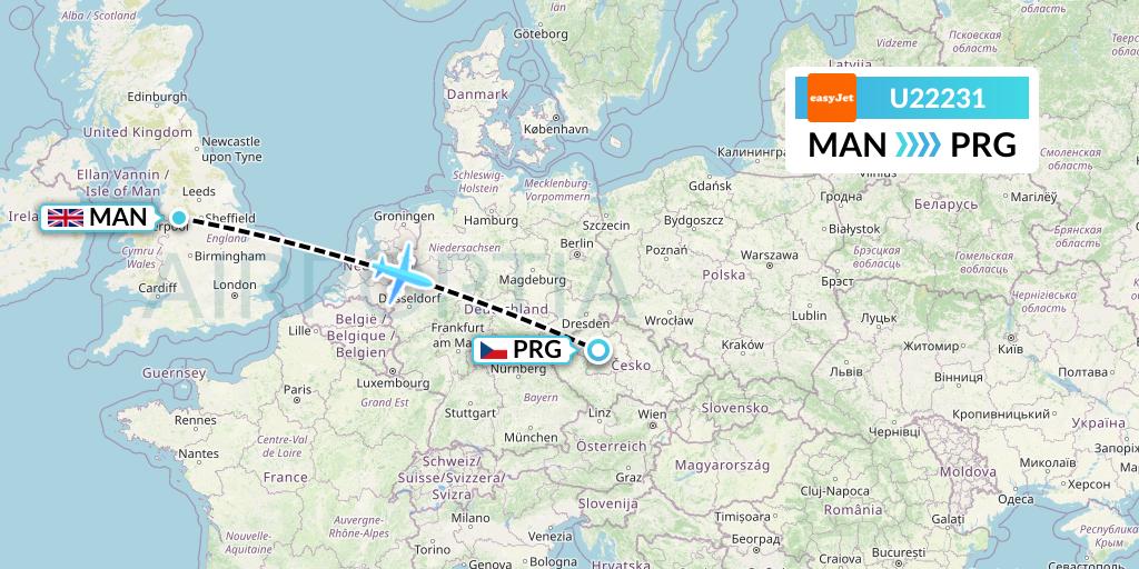 U22231 EasyJet Flight Map: Manchester to Prague