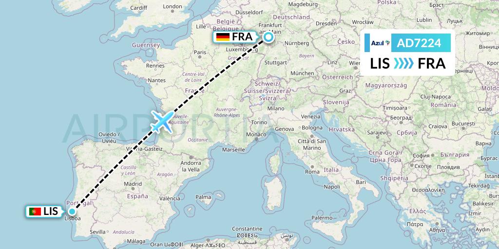 AD7224 Azul Brazilian Airlines Flight Map: Lisbon to Frankfurt