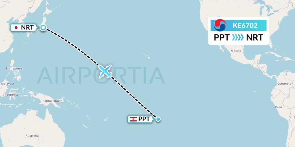 KE6702 Korean Air Flight Map: Papeete to Tokyo