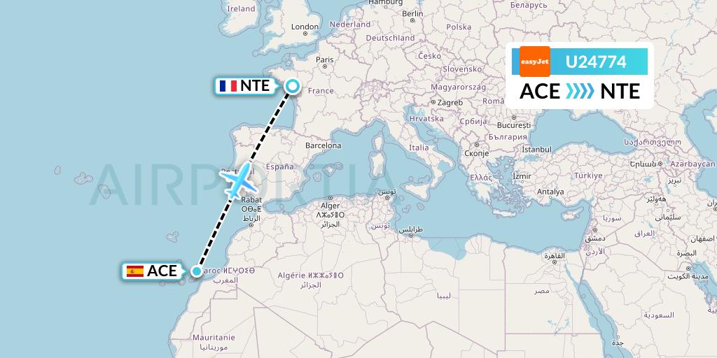 U24774 EasyJet Flight Map: Lanzarote to Nantes
