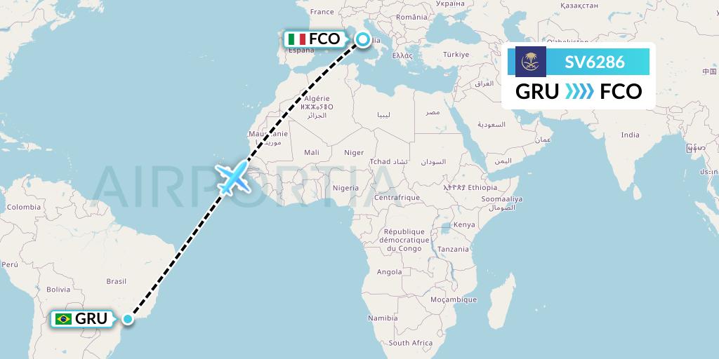 SV6286 Saudi Arabian Airlines Flight Map: Sao Paulo to Rome