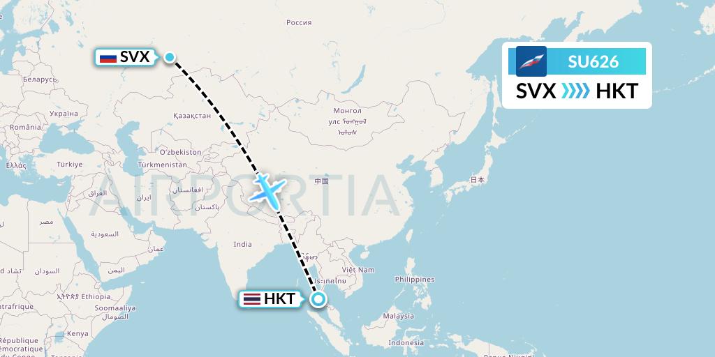 SU626 Aeroflot Flight Map: Yekaterinburg to Phuket