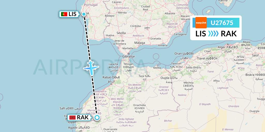 U27675 EasyJet Flight Map: Lisbon to Marrakesh