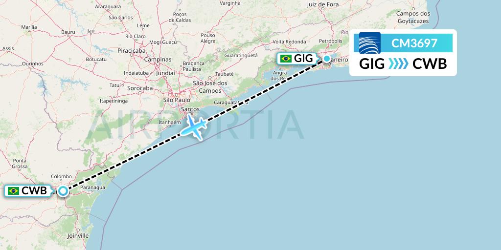 CM3697 Copa Airlines Flight Map: Rio de Janeiro to Curitiba