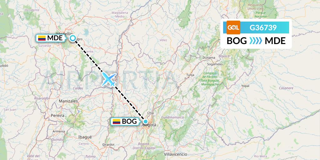 G36739 GOL Transportes Aeros Flight Map: Bogota to Medellin