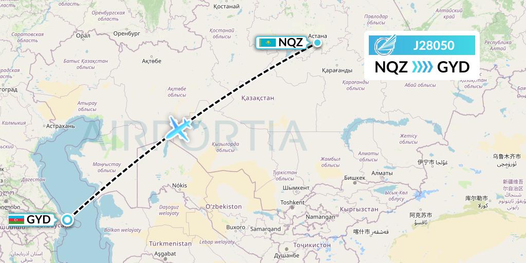 J28050 Azerbaijan Airlines Flight Map: Astana to Baku