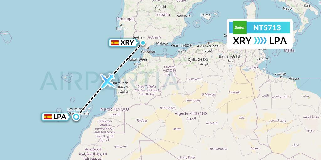 NT5713 Binter Canarias Flight Map: Jerez to Las Palmas