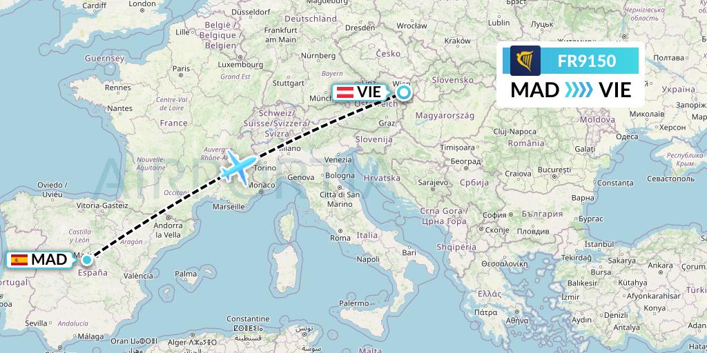 FR9150 Ryanair Flight Map: Madrid to Vienna