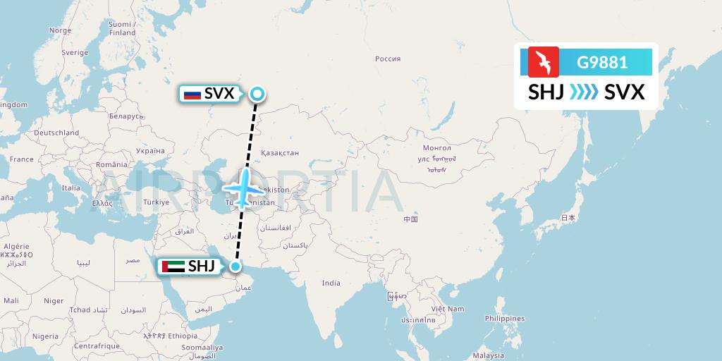 G9881 Air Arabia Flight Map: Sharjah to Yekaterinburg