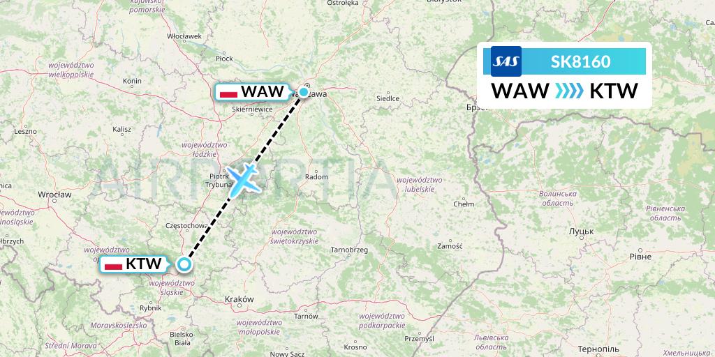 SK8160 SAS Flight Map: Warsaw to Katowice