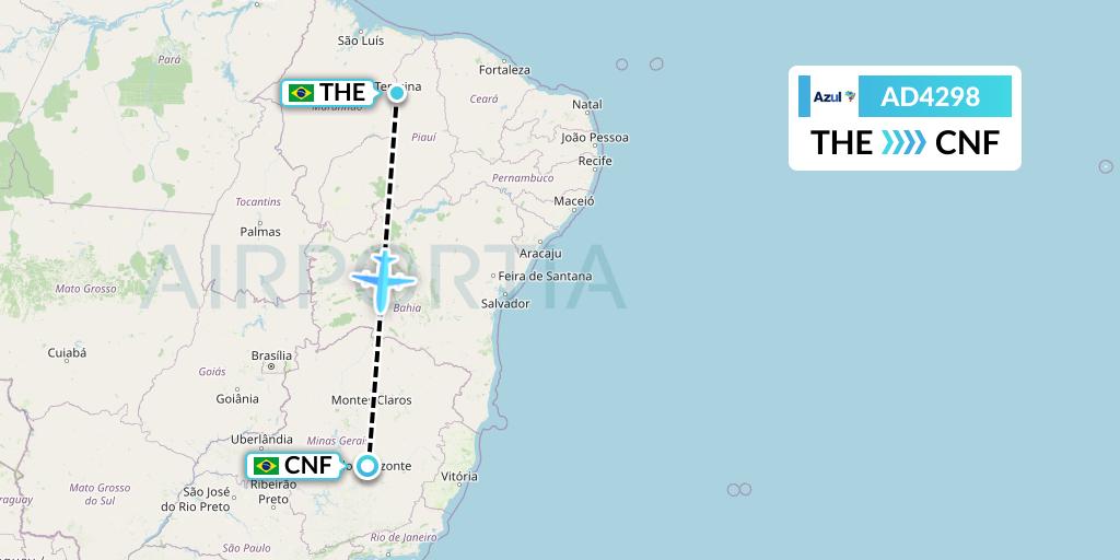 AD4298 Azul Brazilian Airlines Flight Map: Teresina to Belo Horizonte