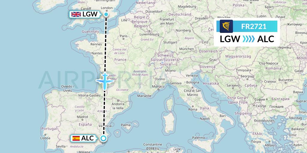 FR2721 Ryanair Flight Map: London to Alicante