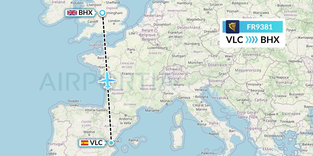 FR9381 Ryanair Flight Map: Valencia to Birmingham