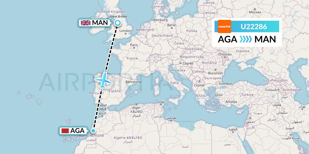 U22286 EasyJet Flight Map: Agadir to Manchester