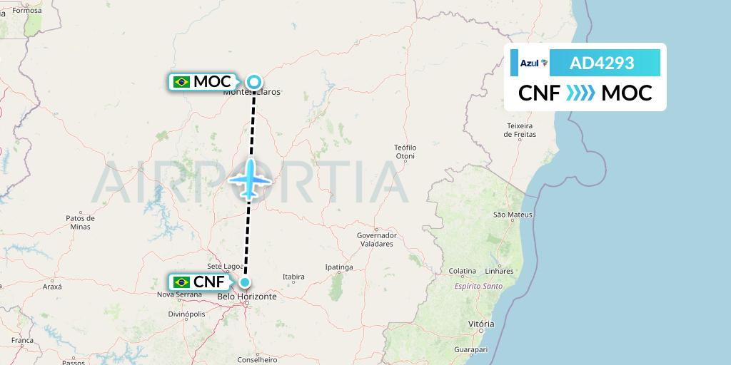 AD4293 Azul Brazilian Airlines Flight Map: Belo Horizonte to Montes Claros