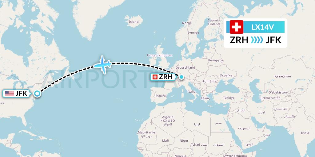 LX14V Swiss Flight Map: Zurich to New York