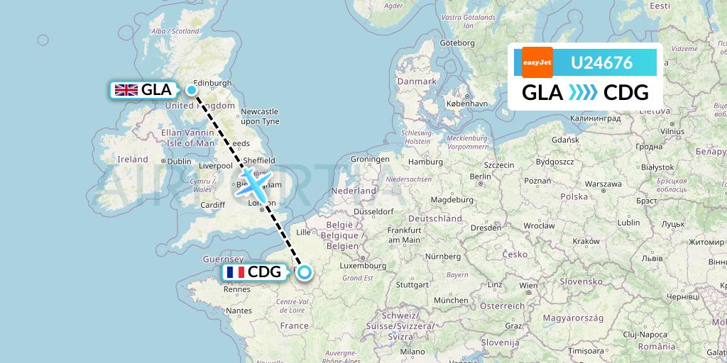 U24676 EasyJet Flight Map: Glasgow to Paris