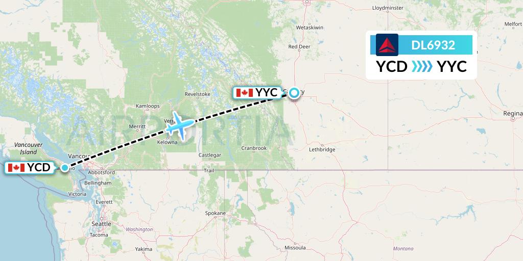 DL6932 Delta Air Lines Flight Map: Nanaimo to Calgary