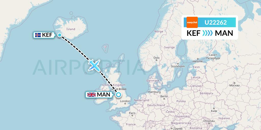 U22262 EasyJet Flight Map: Reykjavik to Manchester