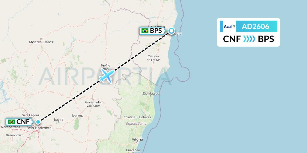 AD2606 Azul Brazilian Airlines Flight Map: Belo Horizonte to Porto Seguro