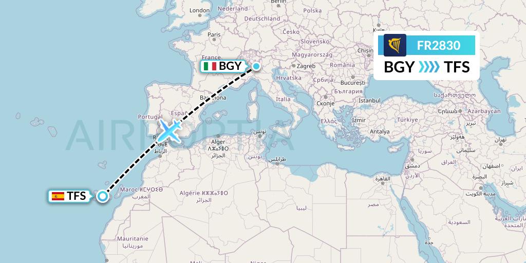 FR2830 Ryanair Flight Map: Milan to Tenerife