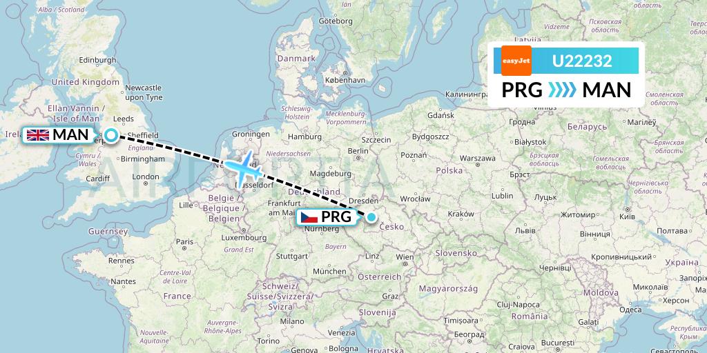 U22232 EasyJet Flight Map: Prague to Manchester