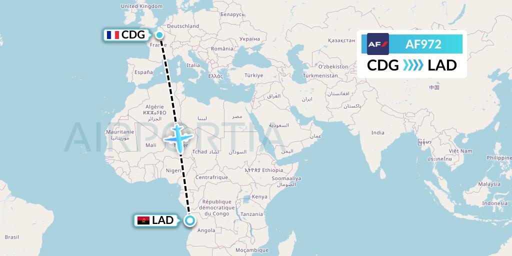 AF972 Air France Flight Map: Paris to Luanda