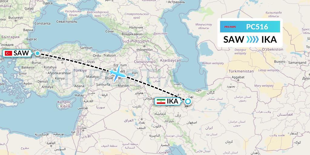 PC516 Pegasus Airlines Flight Map: Istanbul to Tehran
